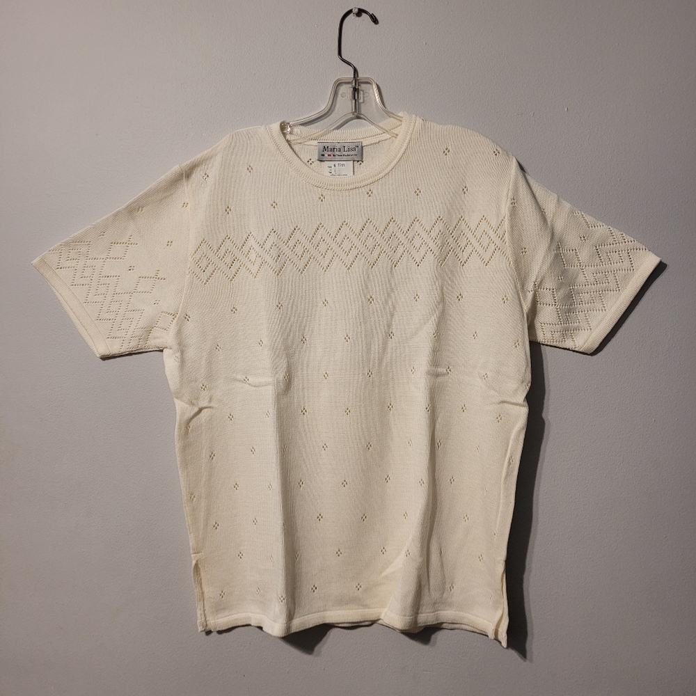 Vintage crochet knit short sleeve pullover sweater, cream, L and XL